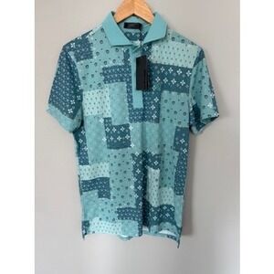 G Fore Mens Golf Polo Shirt Blue Boro Patchwork Print Short Sleeve Polo Size S